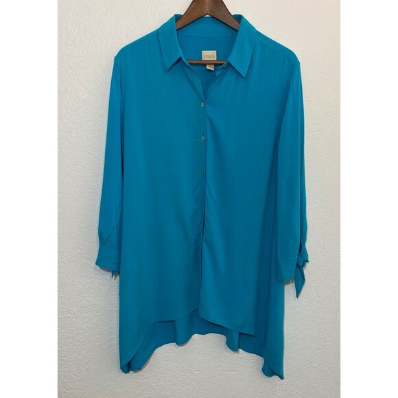 Chico's size 2 Large Blue Asymmetric Hem Button Up Tunic Tie Sleeve Lagenlook - Picture 1 of 7